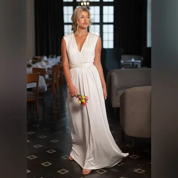 Dress the Population Krista Plunge Neck Side Slit Gown, Ivory, NWT, Size XXL - Picture 4 of 13